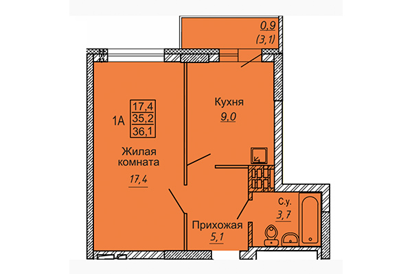 1-комнатная квартира 36,10 м² в ЖК Новые Матрешки. Планировка