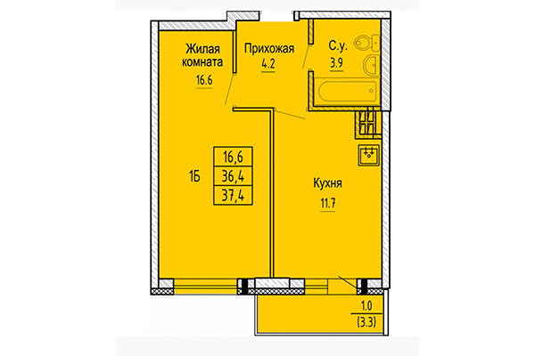 1-комнатная квартира 37,40 м² в ЖК Новые Матрешки. Планировка