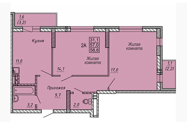 2-комнатная квартира 58,60 м² в ЖК Новые Матрешки. Планировка