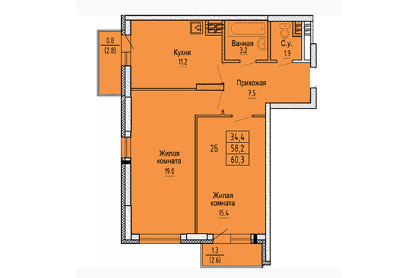 2-комнатная квартира 60,30 м² в ЖК Новые Матрешки. Планировка